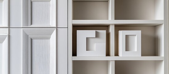 Built in wardrobe featuring sleek white shelves and stylish volumetric letters with two decorative boxes ideal for modern interior design built in furniture
