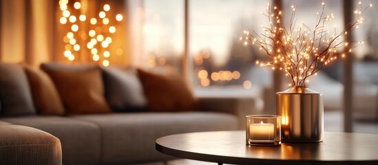 Abstract blurred decorations featuring string lights in a modern living room creating a warm and inviting bokeh ambiance