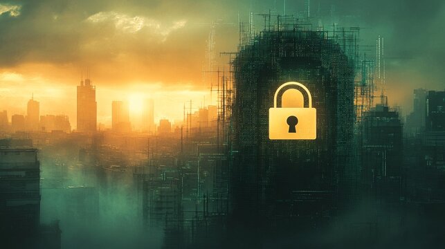 Locked-Down Cityscape with a Padlock Overlapping a City Silhouette