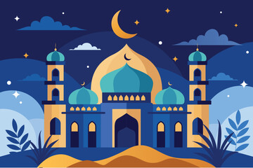 Islamic Mosque Illustration Background with Crescent Moon and Night Sky