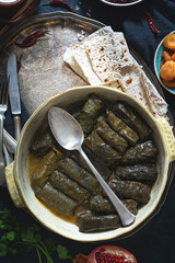 National Caucasian Armenian food. Seth from different dishes:delicious dolma - stuffed grape leaves with rice and meat,beans,jogurt,pomegranate,pita bread,pickled peppers,,cheese,apricots. Top view.