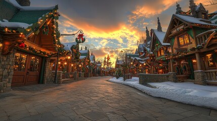 Obraz premium A picturesque winter village adorned with festive decorations under a colorful sunset.