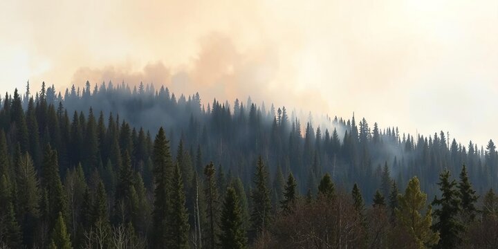 Dense forest fire smoke rises above the treetops near Skaha Lake in the Okanagan Valley of British Columbia, mountains, forest fire