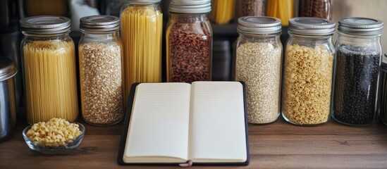 Blank notebook accompanied by an array of grains cereals and pasta in glass jars perfect for meal planning and recipe organization