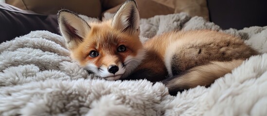 Adorable fox cub lounging comfortably on a fluffy bed showcasing its playful nature