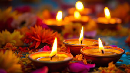 Diwali lamp with candle inside on festive dark background, indian goddess festival diwali and holi celebration concept