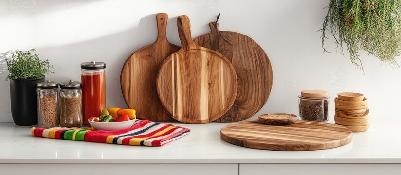 Bright white kitchen counter adorned with wooden cutting boards a colorful towel and various condiments for culinary preparation