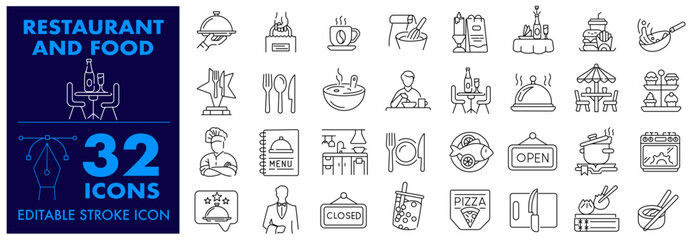 Restaurant Cooking Food icon collection Editable Stroke Line Icon  Containing meal, dishes, fast food, drinks, eating, delivery, cuisines, Kitchen and Candle Light and more vector line icon set.