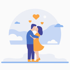 A couple is hugging each other in a field with clouds in the background. Concept of love and warmth