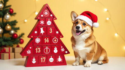 A corgi in a Santa hat sits next to a red advent calendar in the shape of a Christmas tree. Light yellow background with holiday decor. A Christmas gift for pets.