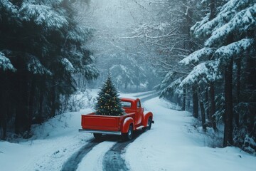 Naklejka premium Vintage red pickup truck journey through snowy forest with christmas tree