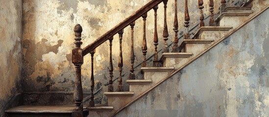 Aged and weathered staircase with peeling paint and rusted railing capturing the charm of a forgotten interior
