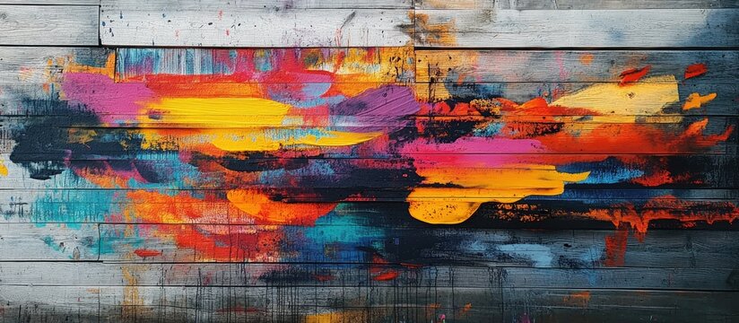 Artistic expression with a paintbrush creating vibrant strokes on a weathered wooden wall showcasing creativity and craftsmanship