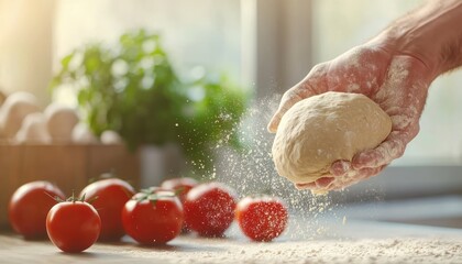 A chef tossing pizza dough in a traditional Italian kitchen
