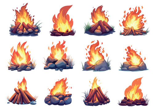 Wood campfire. Cartoon bonfire stone fireplace, camping wooden logs firewood fire flame set vector illustration