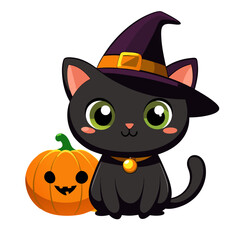 Cute black cat in a witch hat with a pumpkin