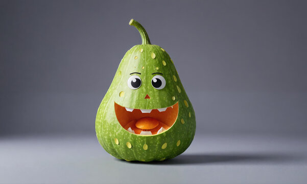 A green pumpkin with a carved smiling face sits on a grey background