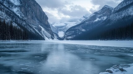 A frozen lake with mountains in the background