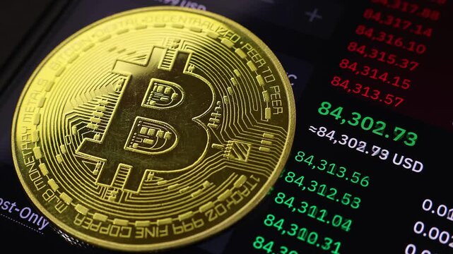 Bitcoin tops 84 000 USD for first time as crypto currency market continues to rally after Trump won last Tuesday&rsquo;s US presidential election.  View of trading screen record highest BTC price in 2024.