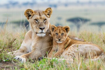 Lion Africa. Mother Lioness with Cub in Masai Mara, Kenya Safari. African Wildlife Nature Photography