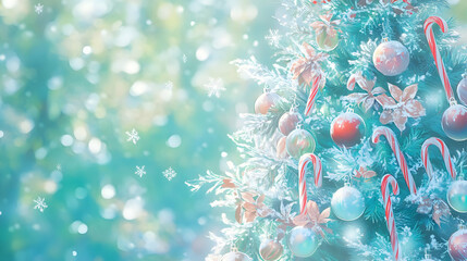 A festive Christmas tree adorned with ornaments and candy canes, set against a snowy backdrop.