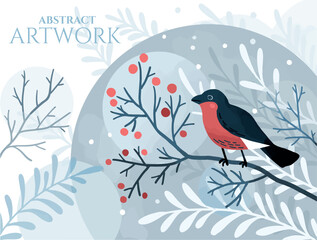 cozy stylized vintage christmas card with a bird and floral elements and watercolor texture