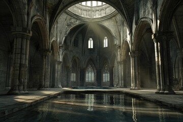 Fototapeta premium Weathered Abandoned gothic castle church. Ruin scary. Generate Ai