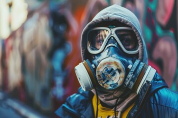 Paint Mask. Portrait of Graffiti Artist Wearing Protective Mask Spray-Painting in Urban Alley