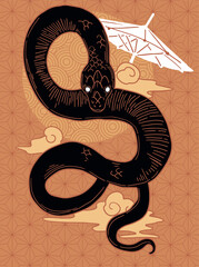 Obraz premium hand drawn japanese vector snake in black, red and gold colours, tattoo design. japanese style patterns 