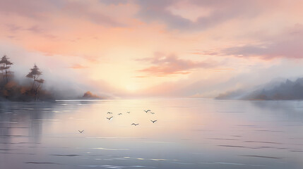 Fototapeta premium Flock of Birds Flying Over a Serene Lake at Dawn