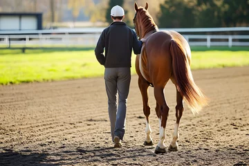 Fotobehang Trainer leading horse on training track © ribalka yuli