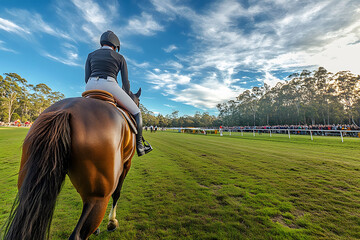 Rider preparing horse for training on track