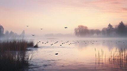 Fototapeta premium Flock of Birds Flying Over a Serene Lake at Dawn