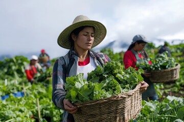 Sustainable farming: workers harvesting fresh produce on an eco-friendly farm