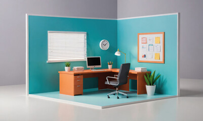 Fototapeta premium A small office with a blue wall, a desk, a chair, a computer, a plant, and a clock