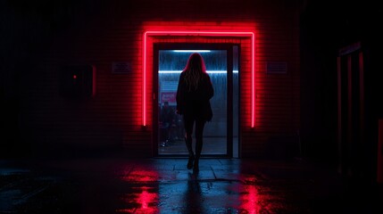 Woman walks through neon lit doorway