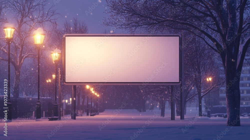Poster a tranquil winter evening showcases a snowy park adorned with bright lampposts illuminating the path