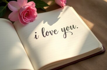 Handwritten inscription, the text "I love you" on a sheet of paper, notebook. Declaration of love. Beautiful flowers lie nearby. Romantic card for Valentine's Day, Mother's Day.