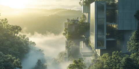 Advanced eco-city integration, biomimetic tower design, elevated forest networks, renewable energy systems, atmospheric sunbeams, professional architectural photography, morning mist