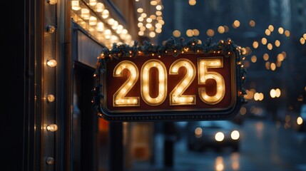 Bright lit sign displaying the year 2025 adorned with festive decorations in a bustling city street, capturing the spirit of celebration and anticipation for the new year.