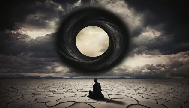 A shadowy demon emerging from a swirling vortex of dark energy in a desolate landscape