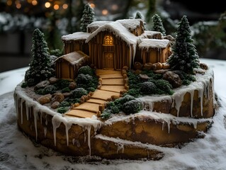 Intricate gingerbread house cake with snow & trees