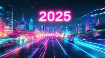 Obraz premium Futuristic city skyline illuminated with vibrant neon lights, featuring sleek vehicles and a bright '2025' in the center, symbolizing advanced technology and innovation