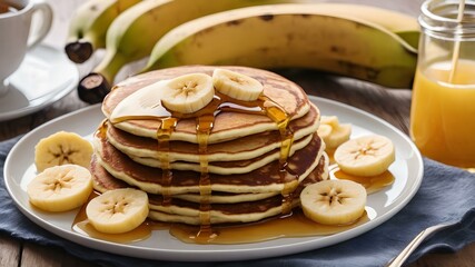 A plate of banana pancakes topped with slices of banana and honey, set on a cozy breakfast table.