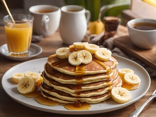 A plate of banana pancakes topped with slices of banana and honey, set on a cozy breakfast table.