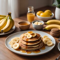 A plate of banana pancakes topped with slices of banana and honey, set on a cozy breakfast table.