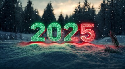 Colorful Glowing Numbers 2025 in Snowy Landscape Surrounded by Evergreen Trees Under Sparkling Snowflakes Against a Winter Sunset Backdrop