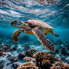 Fototapeta premium Sea turtle swims through coral reef