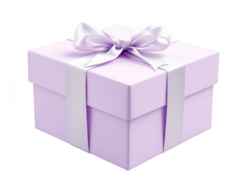 Square Gift Box in Pastel Lavender with Silver Accents and White Ribbon on Transparent Background