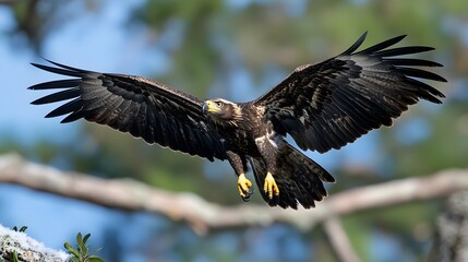 Obraz premium A young bald eagle in flight with its wings spread wide.